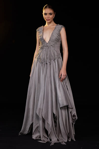 Grey embroidered and ruched gown