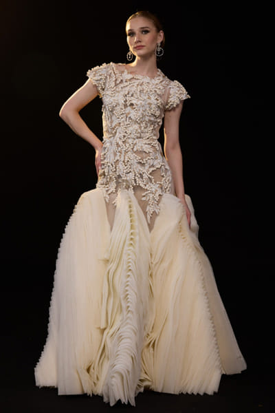 Off-white 3D floral embellished-layered gown
