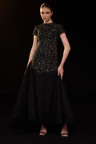 Samant Chauhan Black tonal embroidered cotton silk gown SAMFEB26D139032
