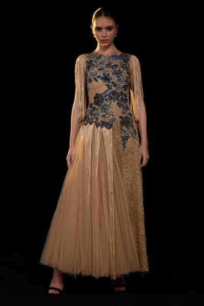Beige and blue floral embroidered gown