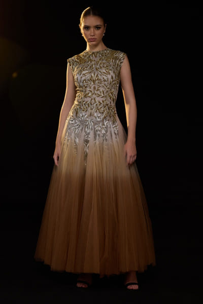 Beige ombré leaf embroidered gown