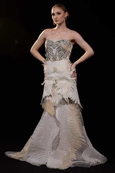 Ivory beige embellished and layered gown