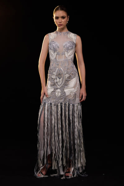 Silver and ivory thread embroidered gown