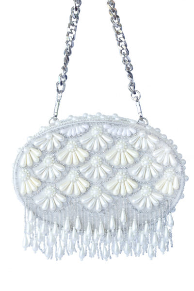 Cream embellished oval clutch bag