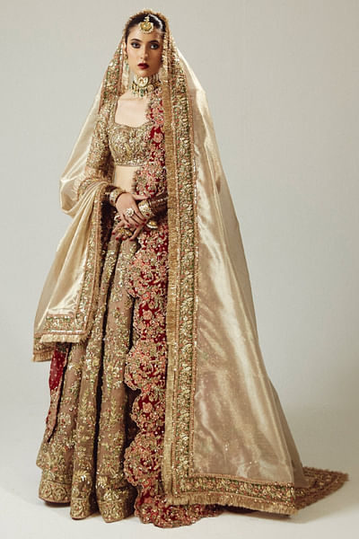 Gold and maroon embroidered lehenga set