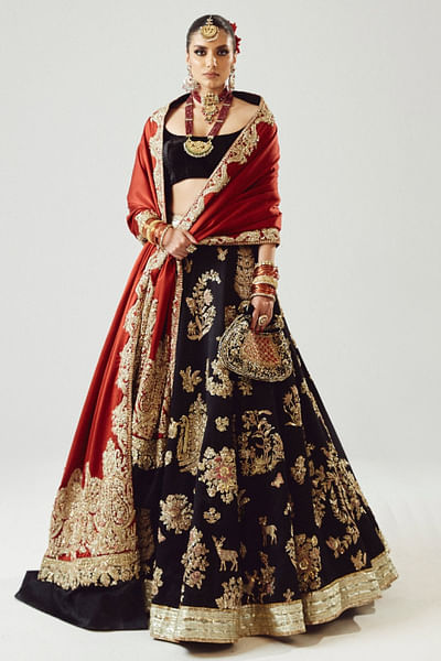Black and maroon embroidered lehenga set