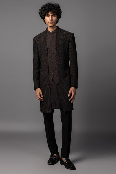 Brown embroidered open jacket set