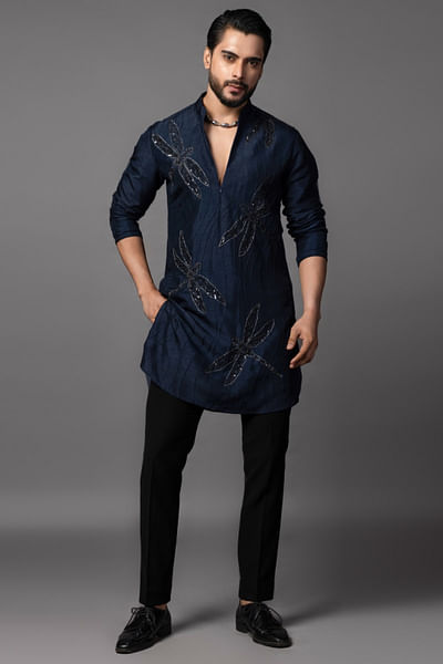 Navy blue dragonfly embroidered kurta set