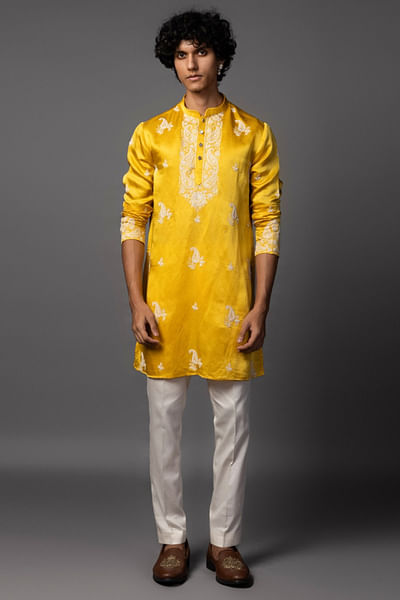 Yellow thread embroidered kurta set