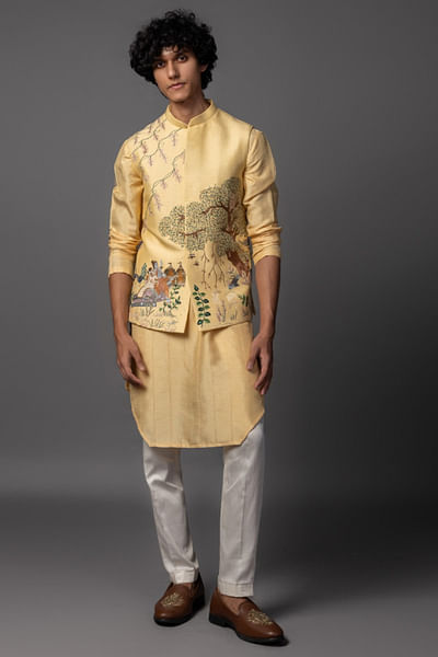 Light yellow embroidered nehru jacket set