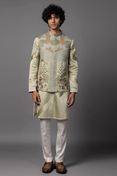 Green kasuti embroidered nehru jacket set