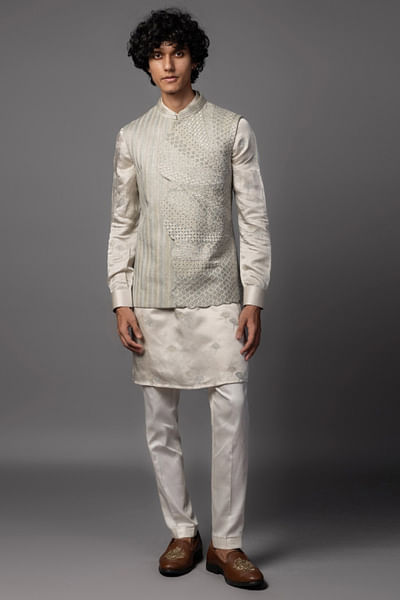 Light grey kasuti embroidered nehru jacket set