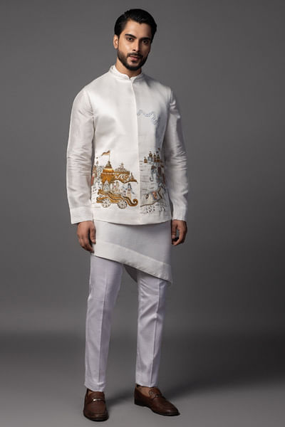 White hand painted nehru jacket set