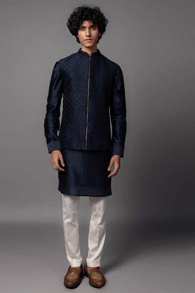 Navy pintuck nehru jacket set