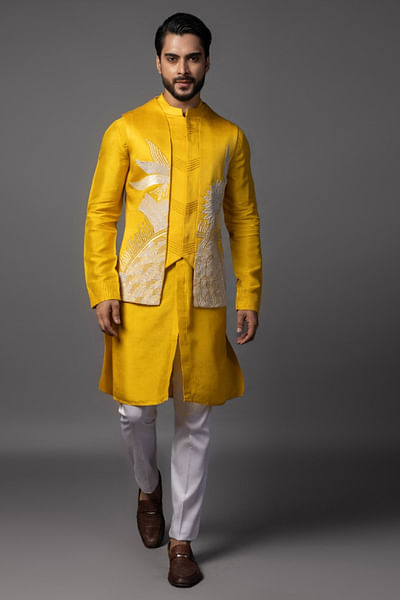 Yellow dabka embroidered nehru jacket set