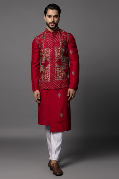 Red zari embroidered nehru jacket