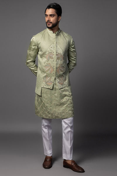 Green mirror embroidered nehru jacket set