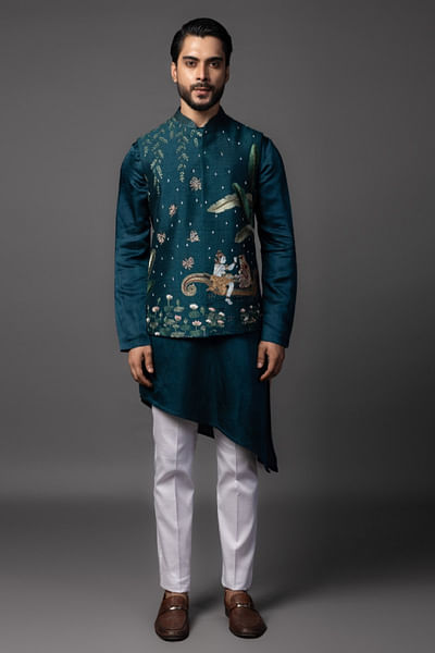Blue resham embroidered nehru jacket set
