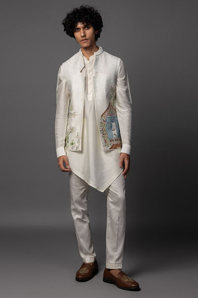 Cream kasuti embroidered nehru jacket set