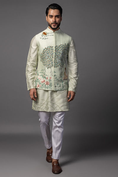 Mint green thread embroidered nehru jacket set