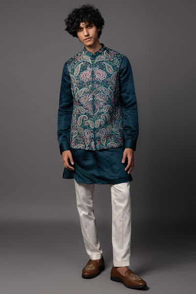 Teal blue kasuti embroidered nehru jacket set