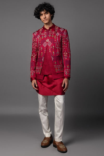 Red thread embroidered bandhgala set