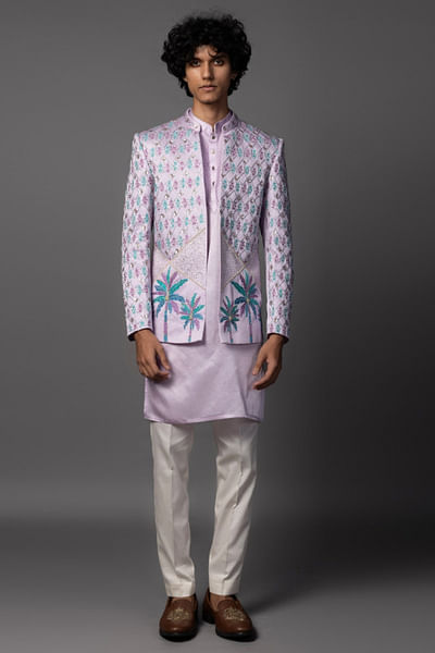 Lilac thread embroidered open jacket set