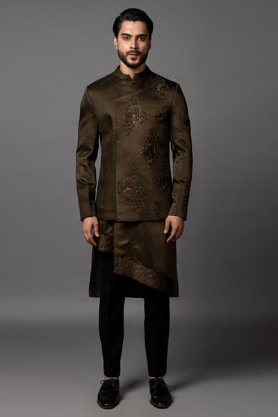 Olive thread embroidered bandhgala set