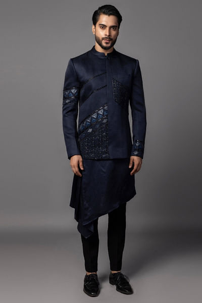 Navy thread embroidered bandhgala set