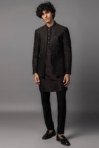 Brown cutdana embroidered open jacket set