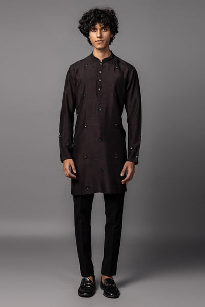 Dark brown floral embroidered kurta set
