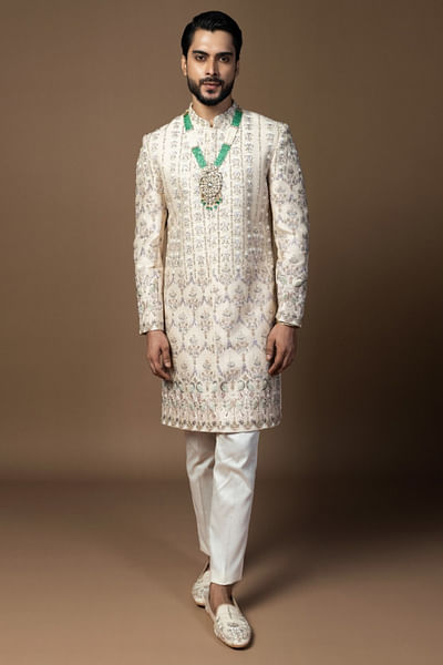 Pink cutdana embroidered sherwani set