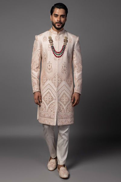 Peach cutdana embroidered sherwani set