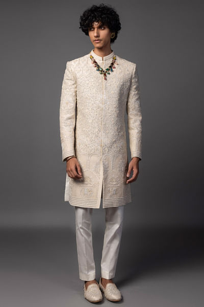 Light yellow tan embroidered sherwani set