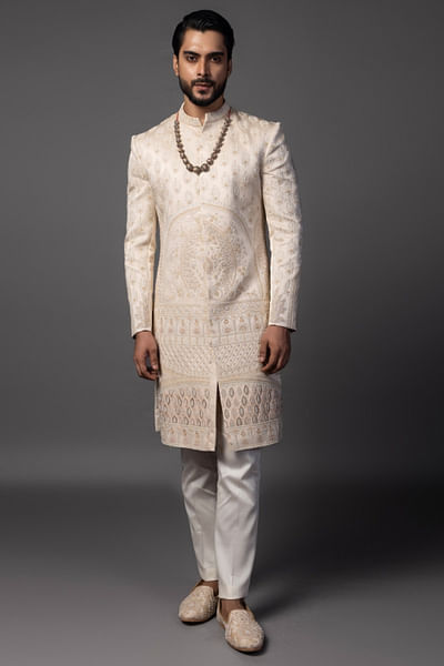 Peach dori embroidered sherwani set