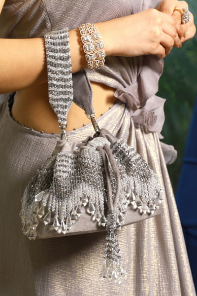 Grey crystal bucket bag