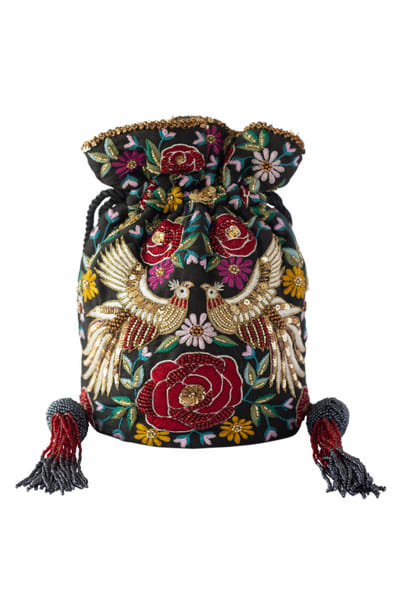 Black pheonix motif embellished potli bag