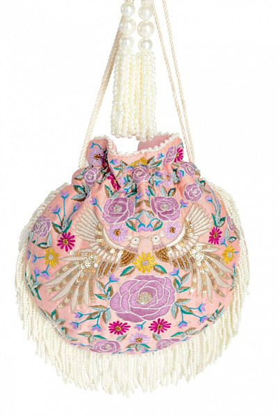 Pink embroidered flapper bag