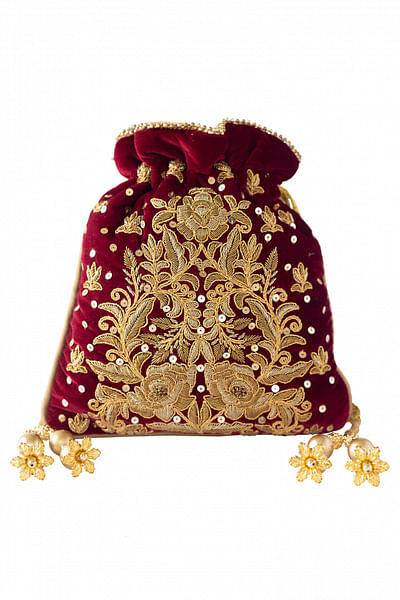 Maroon velvet embellished potli bag