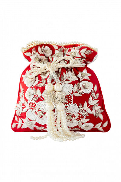 Red floral embroidered potli bag
