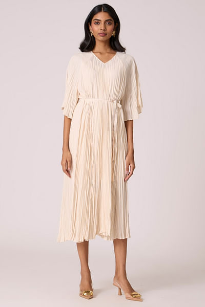 Cream crush pleated belted dress