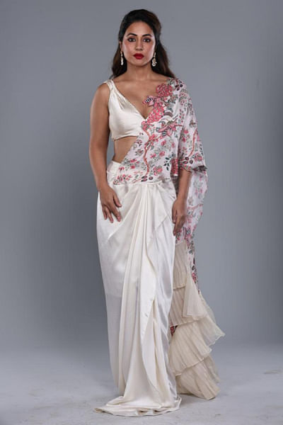 Ivory floral print ruffled saree set
