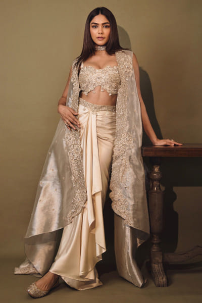 Aditi Gupta Champagne gold embroidered cape skirt set ADIJUL25D231229