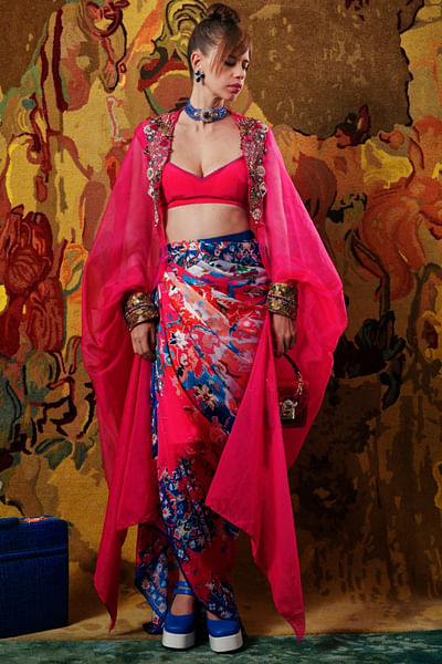 Hot pink artisanal print skirt and cape set