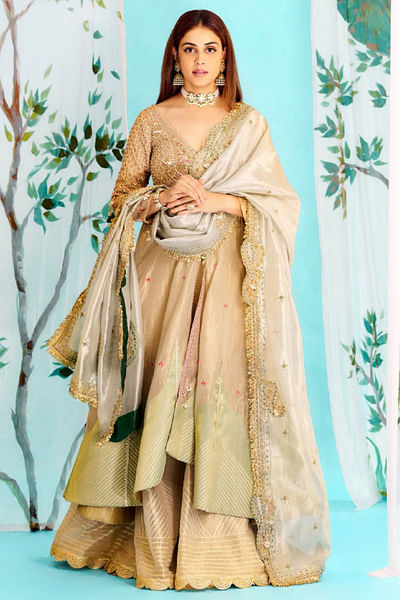Pearl gold zari embroidered anarkali jacket set