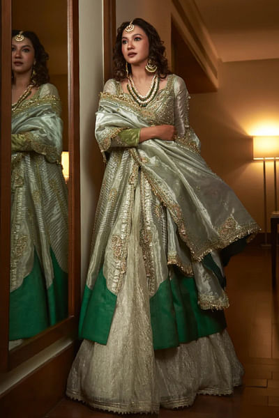 Pearl gold embroidered anarkali jacket and skirt
