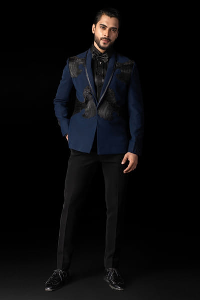 Navy blue embroidery tuxedo and trouser