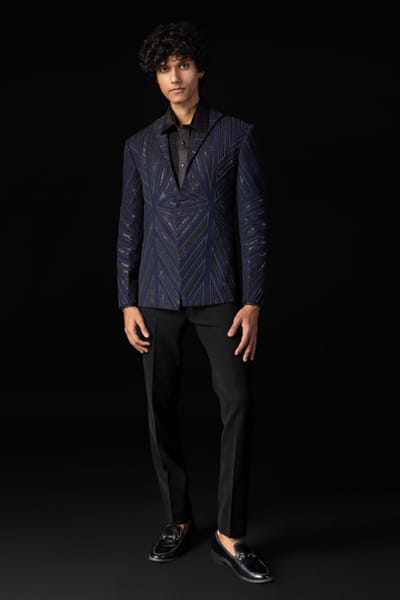 Navy blue embroidered tuxedo and trouser
