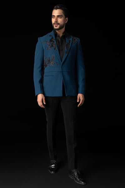 Teal blue embroidered tuxedo and trouser