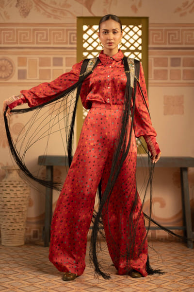 Anuradha Deb Black-red printed floral embroidered cape set ANURJUL26D149967